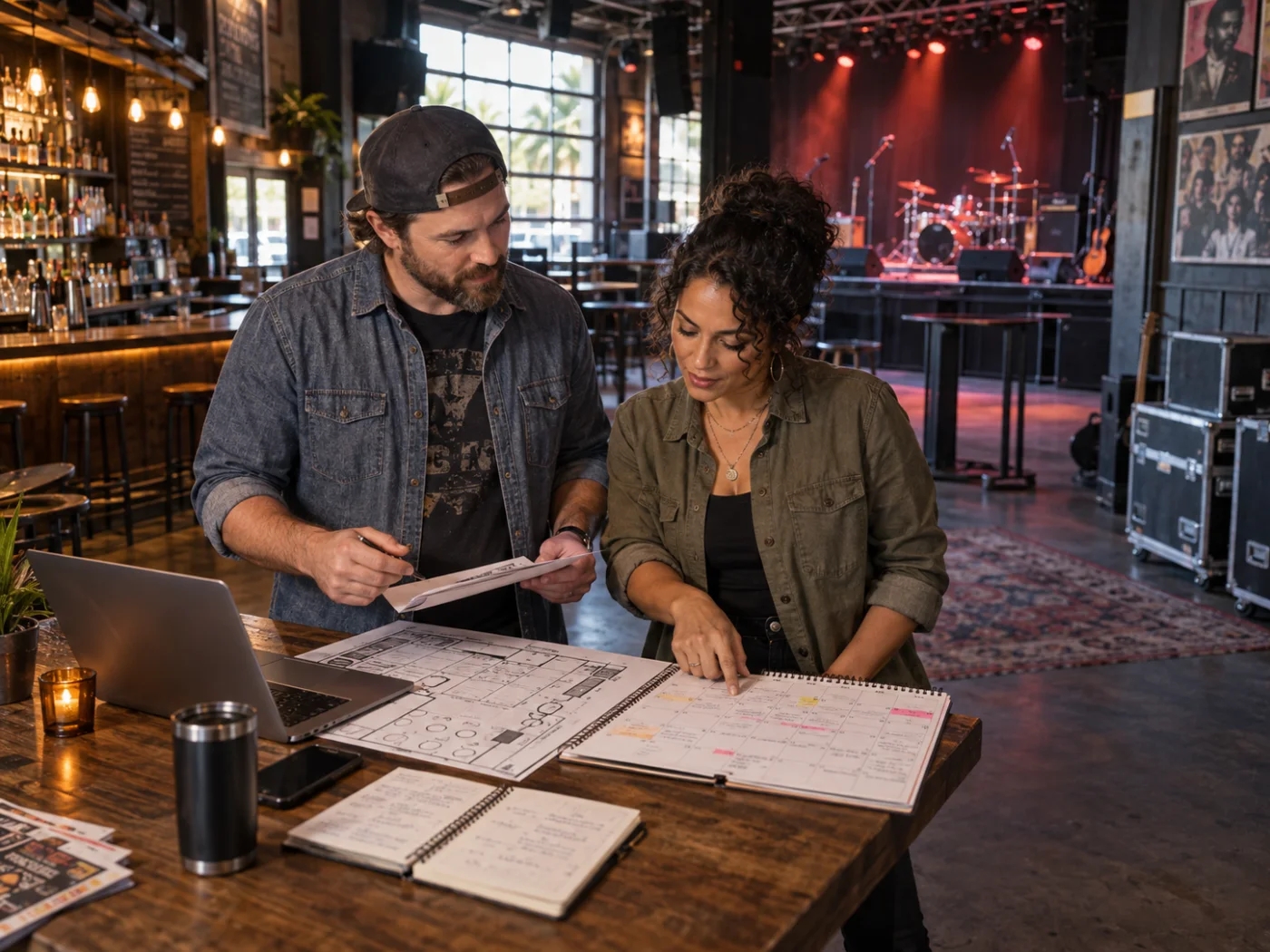 Venue operators reviewing an event calendar and floor plan before opening